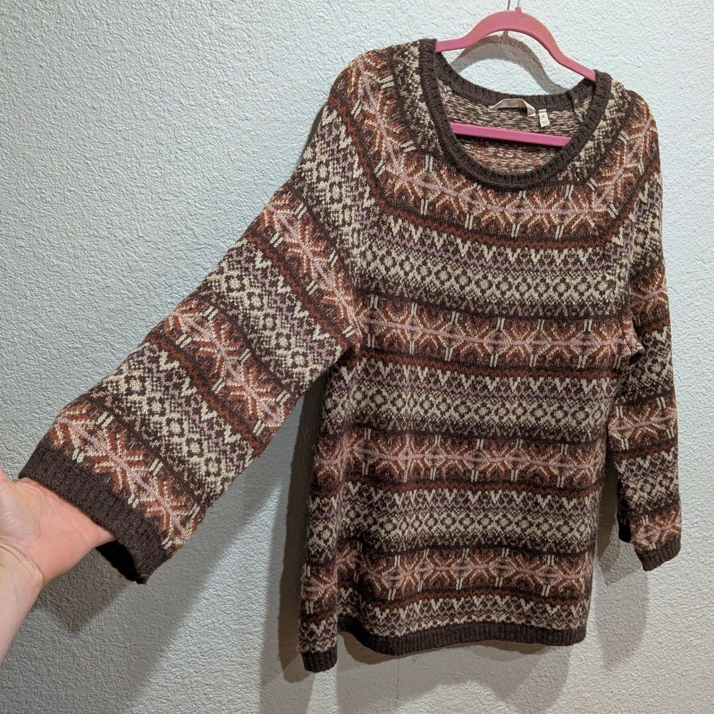 Soft Surroundings Womens XL Julietta Fair Isle Alpaca Wool Tunic Sweater Brown - Picture 3 of 8